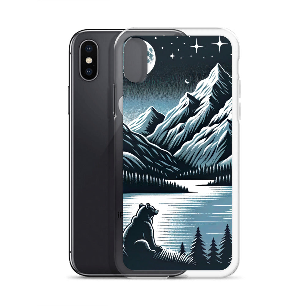 Bär in Alpen-Mondnacht, silberne Berge, schimmernde Seen - iPhone Schutzhülle (durchsichtig) camping xxx yyy zzz