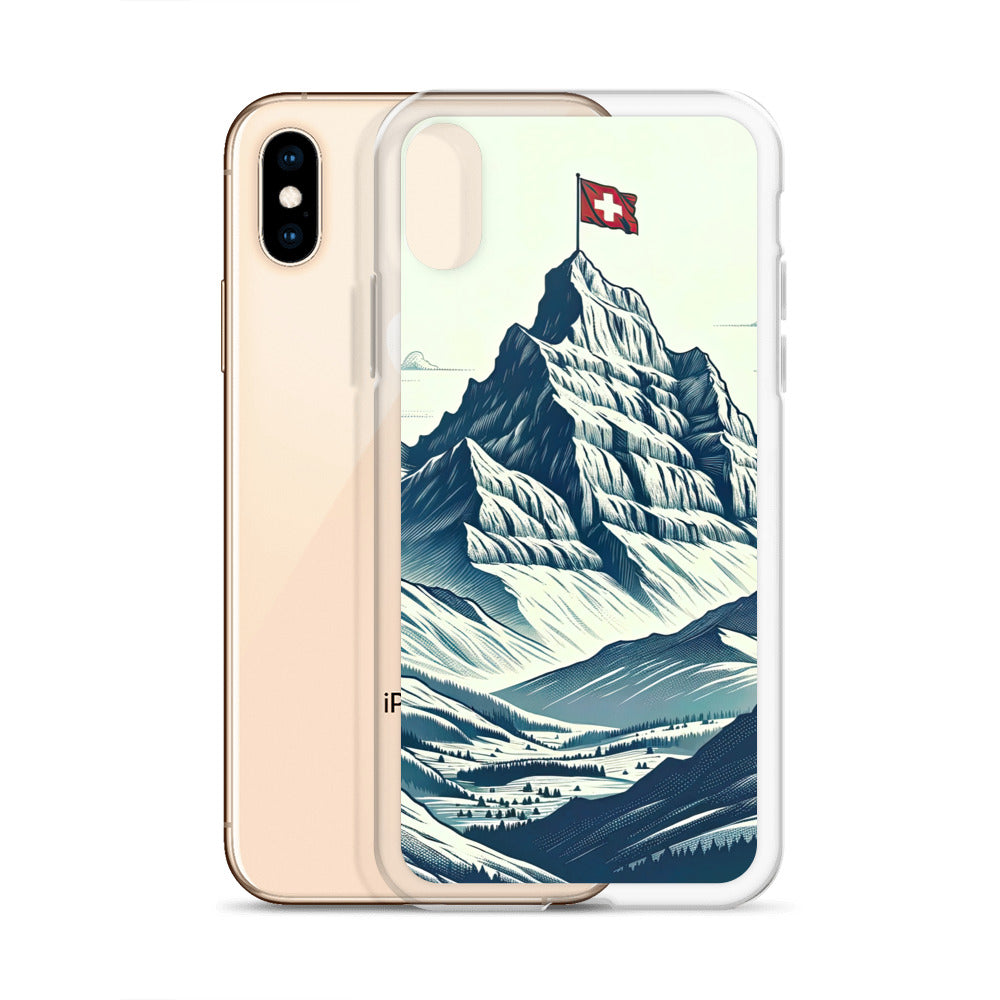 Ausgedehnte Bergkette mit dominierendem Gipfel und wehender Schweizer Flagge - iPhone Schutzhülle (durchsichtig) berge xxx yyy zzz