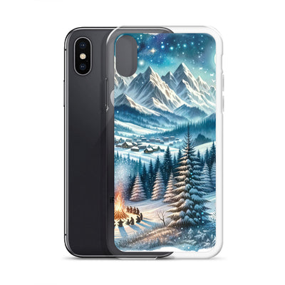 Aquarell eines Winterabends in den Alpen mit Lagerfeuer und Wanderern, glitzernder Neuschnee - iPhone Schutzhülle (durchsichtig) camping xxx yyy zzz