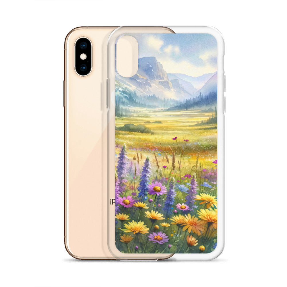Aquarell einer Almwiese in Ruhe, Wildblumenteppich in Gelb, Lila, Rosa - iPhone Schutzhülle (durchsichtig) berge xxx yyy zzz