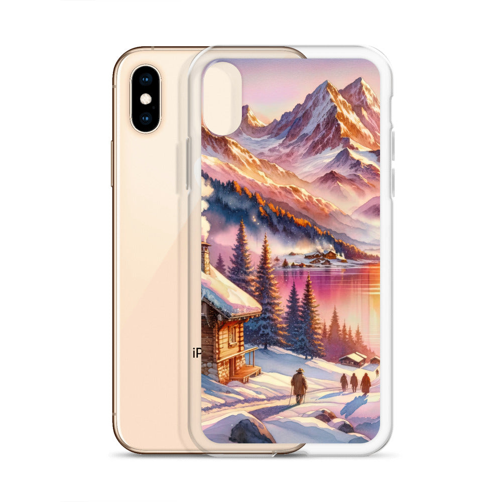 Aquarell eines Alpenpanoramas mit Wanderern bei Sonnenuntergang in Rosa und Gold - iPhone Schutzhülle (durchsichtig) wandern xxx yyy zzz