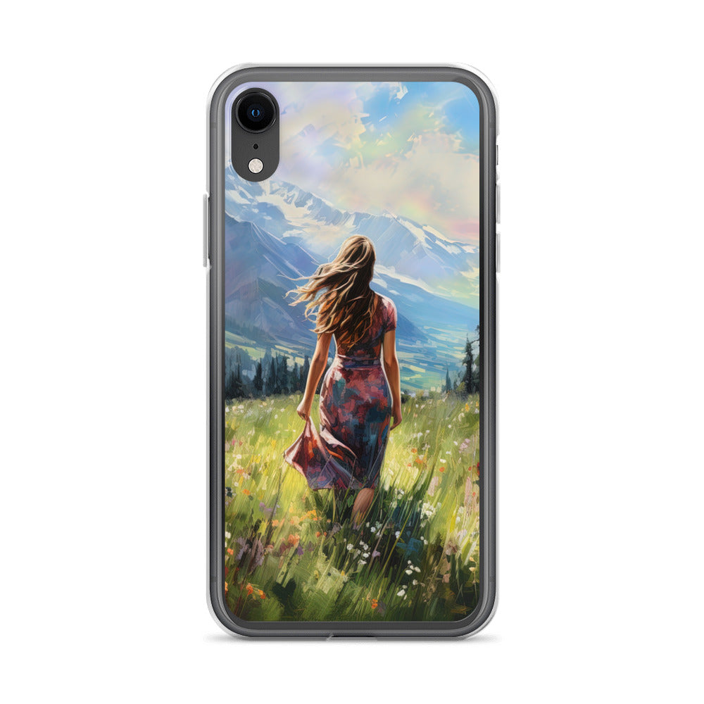 Frau mit langen Kleid im Feld mit Blumen - Berge im Hintergrund - Malerei - iPhone Schutzhülle (durchsichtig) berge xxx iPhone XR