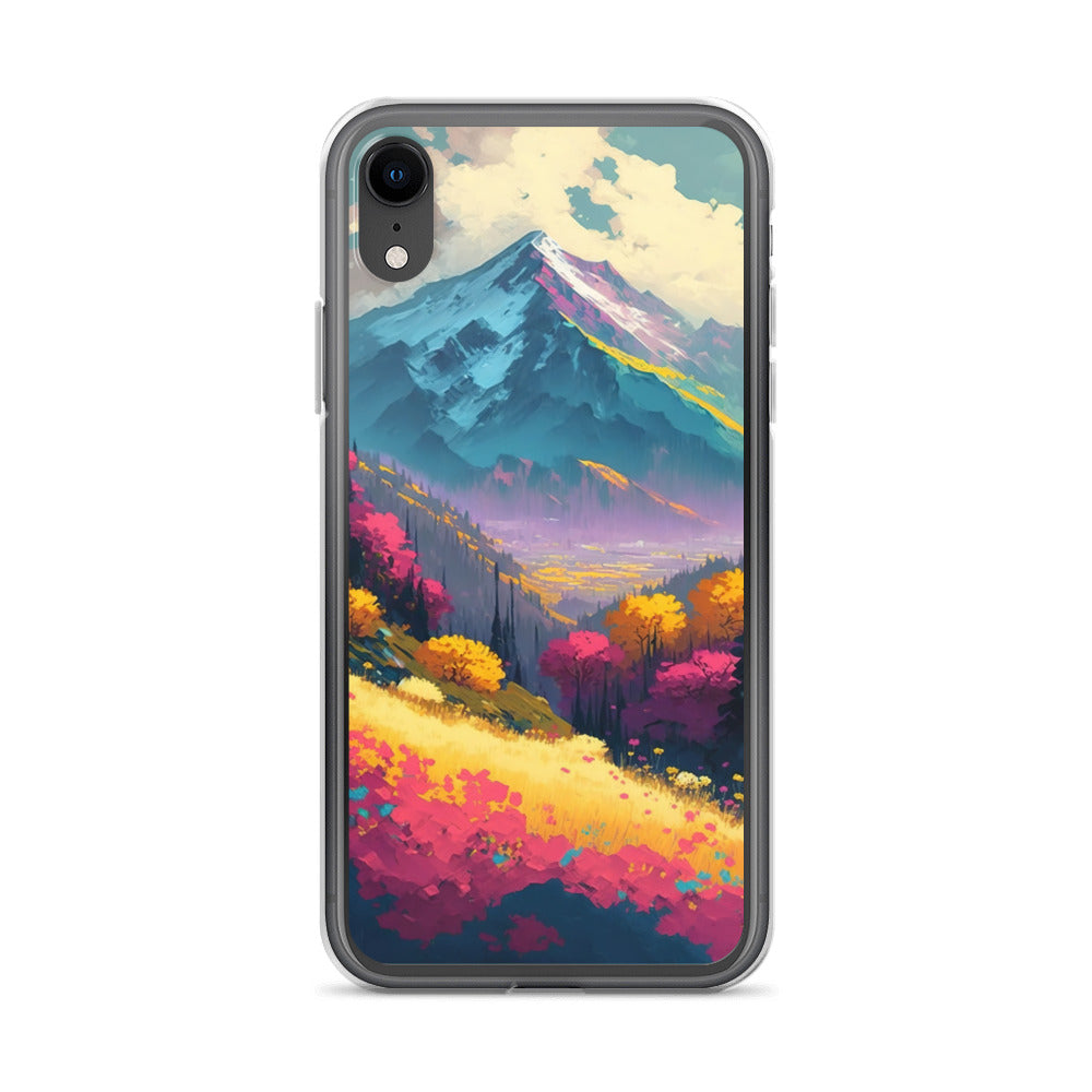 Berge, pinke und gelbe Bäume, sowie Blumen - Farbige Malerei - iPhone Schutzhülle (durchsichtig) berge xxx iPhone XR