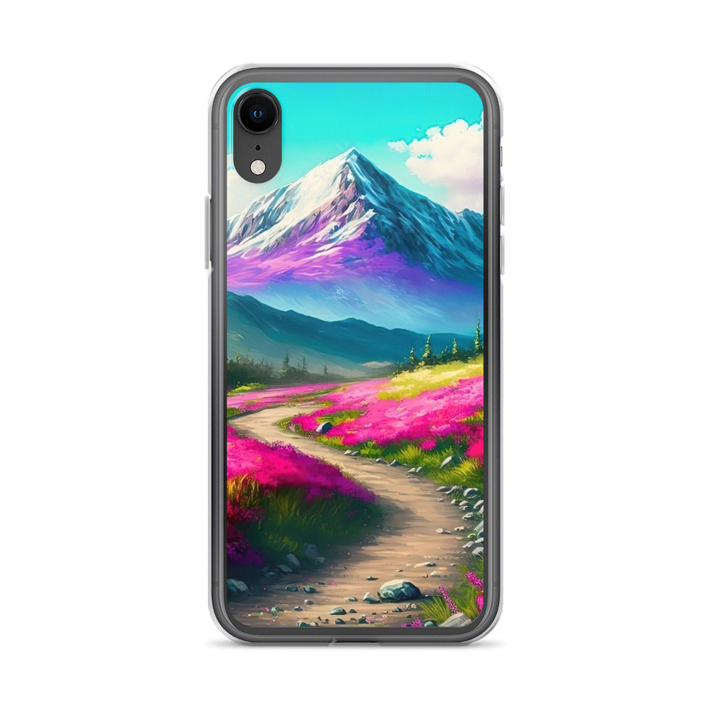 Berg, pinke Blumen und Wanderweg - Landschaftsmalerei - iPhone Schutzhülle (durchsichtig) berge xxx iPhone XR