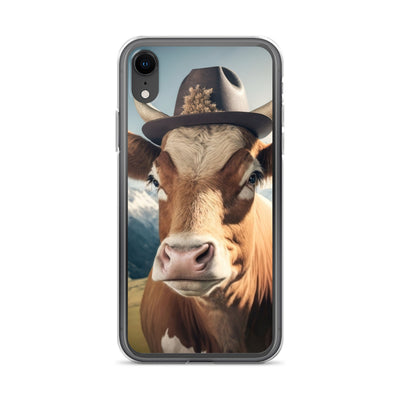 Kuh mit Hut in den Alpen - Berge im Hintergrund - Landschaftsmalerei - iPhone Schutzhülle (durchsichtig) berge xxx iPhone XR