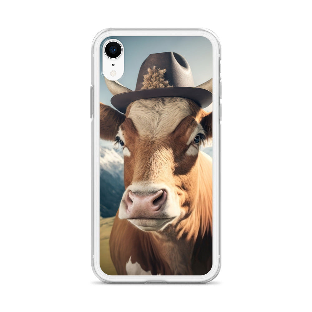 Kuh mit Hut in den Alpen - Berge im Hintergrund - Landschaftsmalerei - iPhone Schutzhülle (durchsichtig) berge xxx