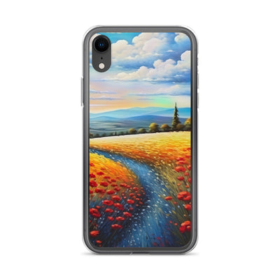 Feld mit roten Blumen und Berglandschaft - Landschaftsmalerei - iPhone Schutzhülle (durchsichtig) berge xxx iPhone XR