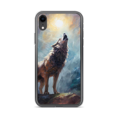 Heulender Wolf auf Berggipfel und Mond im Hintergrund – Abstrakte Malerei - iPhone Schutzhülle (durchsichtig) camping xxx iPhone XR