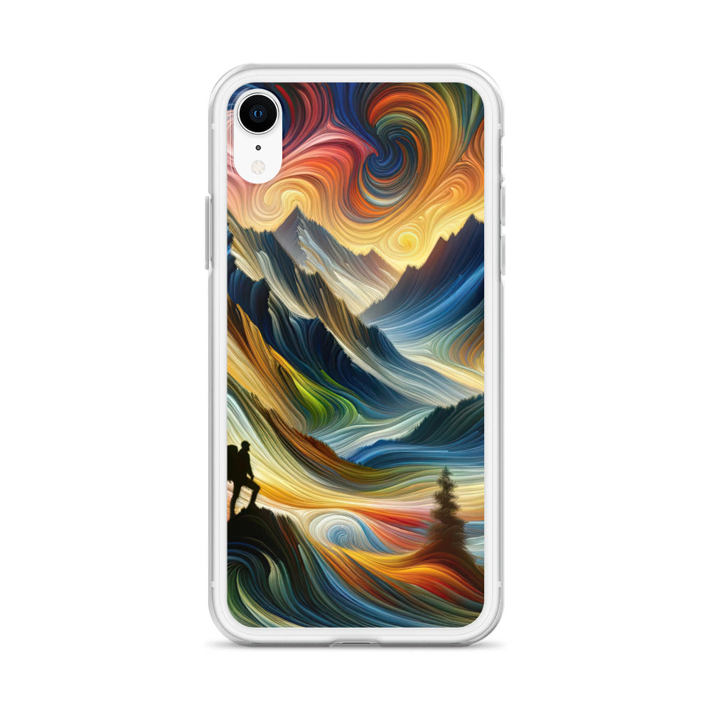Abstraktes Kunstgemälde der Alpen mit wirbelnden, lebendigen Farben und dynamischen Mustern. Wanderer Silhouette - iPhone Schutzhülle (durchsichtig) wandern xxx yyy zzz