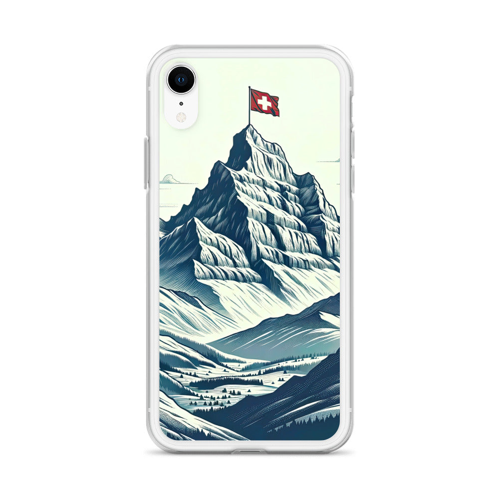 Ausgedehnte Bergkette mit dominierendem Gipfel und wehender Schweizer Flagge - iPhone Schutzhülle (durchsichtig) berge xxx yyy zzz