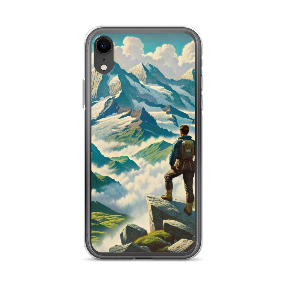 Panoramablick der Alpen mit Wanderer auf einem Hügel und schroffen Gipfeln - iPhone Schutzhülle (durchsichtig) wandern xxx yyy zzz iPhone XR