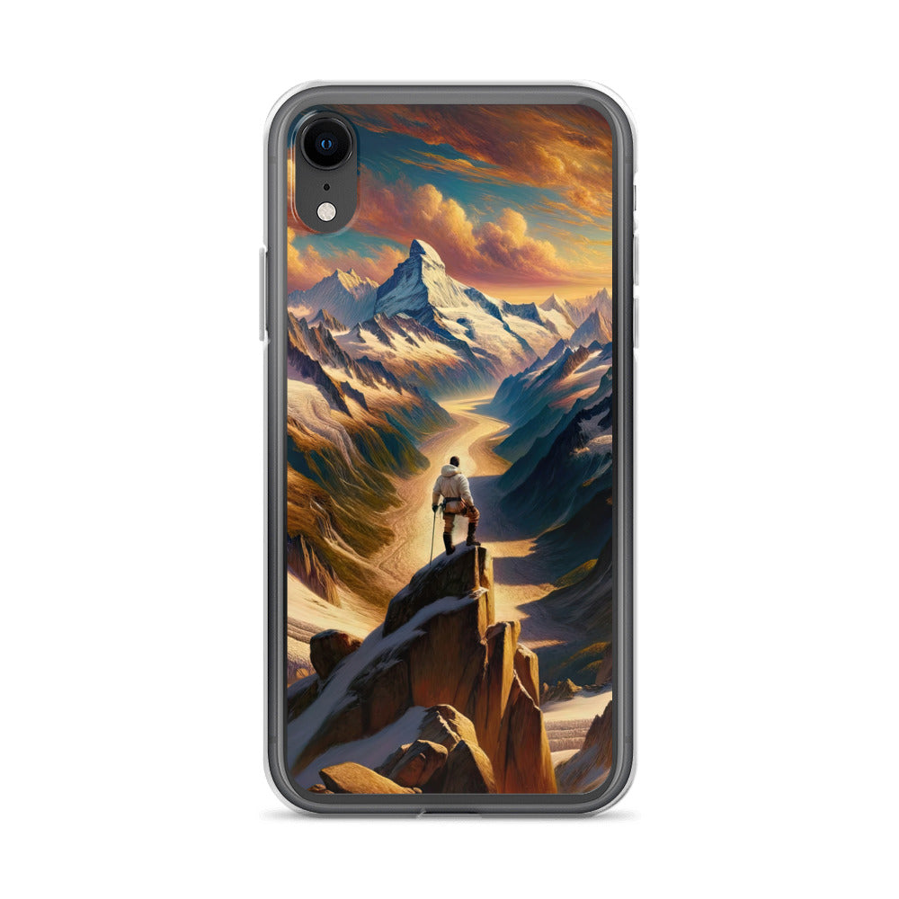Ölgemälde eines Wanderers auf einem Hügel mit Panoramablick auf schneebedeckte Alpen und goldenen Himmel - iPhone Schutzhülle (durchsichtig) wandern xxx yyy zzz iPhone XR
