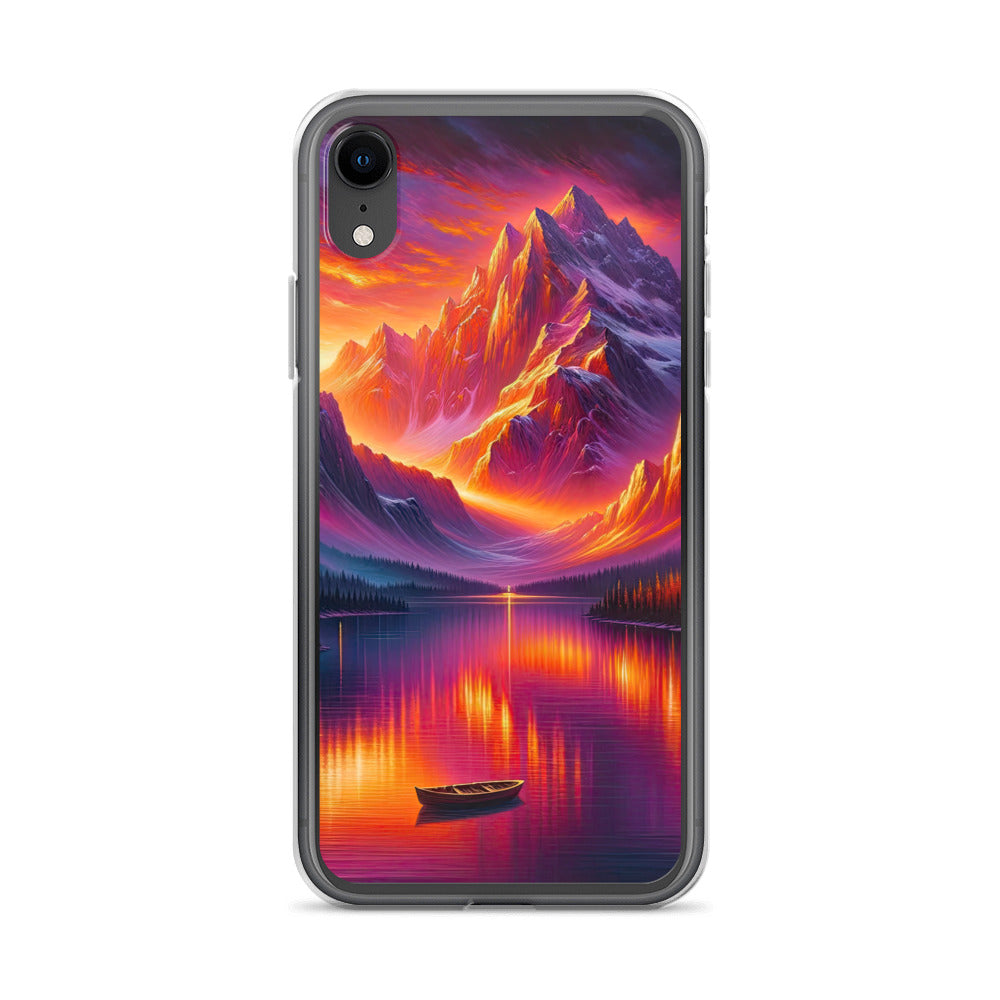 Ölgemälde eines Bootes auf einem Bergsee bei Sonnenuntergang, lebendige Orange-Lila Töne - iPhone Schutzhülle (durchsichtig) berge xxx yyy zzz iPhone XR