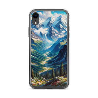 Panorama-Ölgemälde der Alpen mit schneebedeckten Gipfeln und schlängelnden Flusstälern - iPhone Schutzhülle (durchsichtig) berge xxx yyy zzz iPhone XR