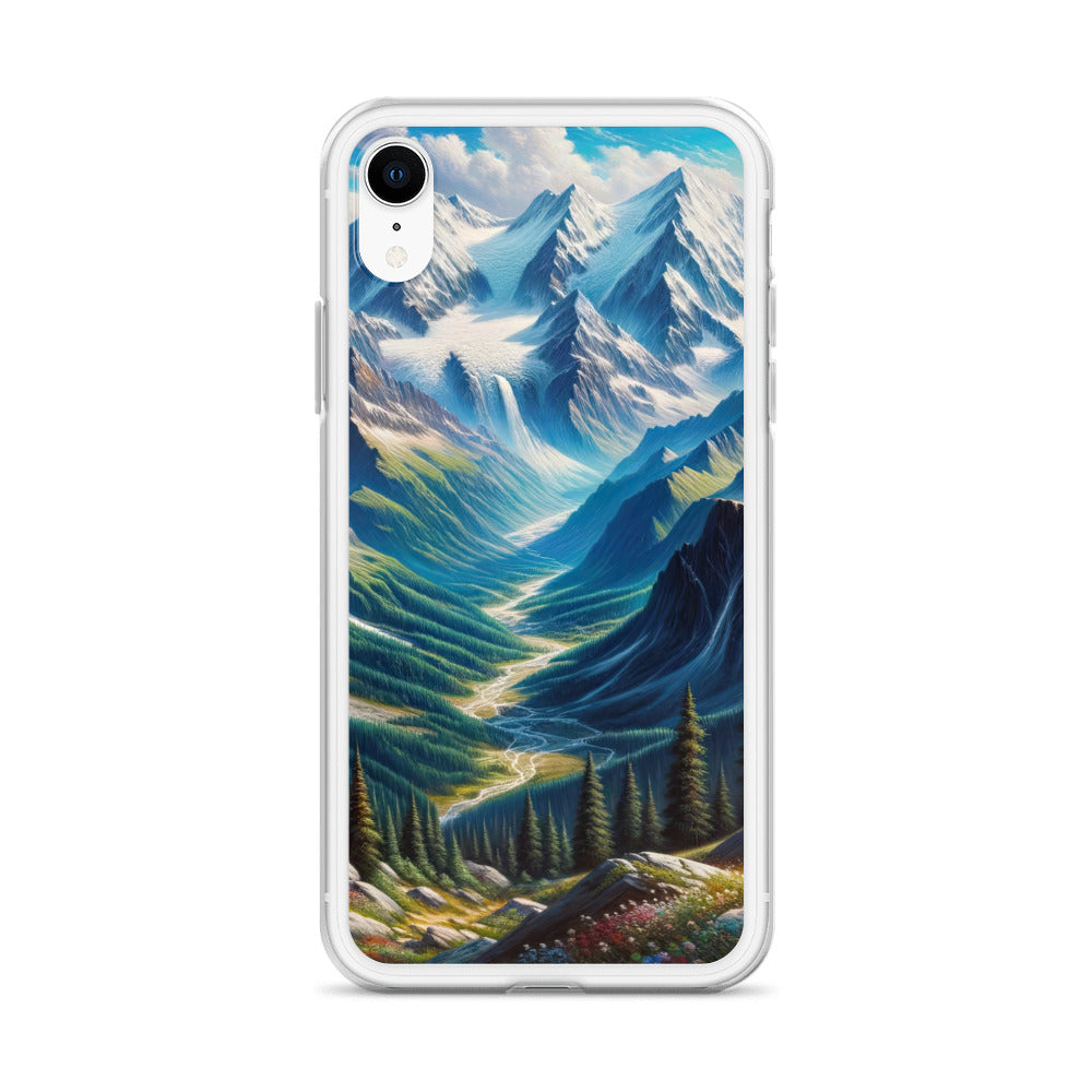Panorama-Ölgemälde der Alpen mit schneebedeckten Gipfeln und schlängelnden Flusstälern - iPhone Schutzhülle (durchsichtig) berge xxx yyy zzz