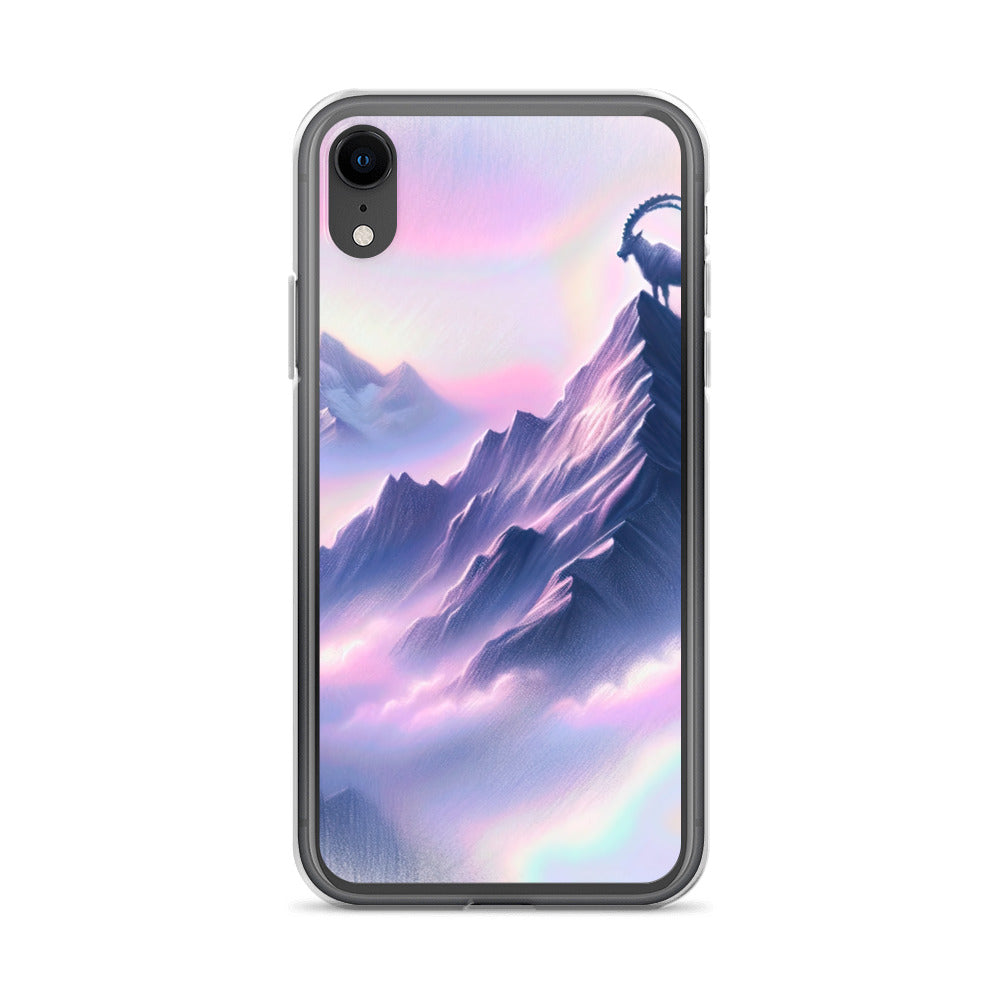 Pastellzeichnung der Alpen im Morgengrauen mit Steinbock in Rosa- und Lavendeltönen - iPhone Schutzhülle (durchsichtig) berge xxx yyy zzz iPhone XR