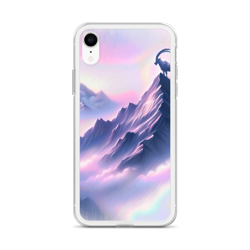 Pastellzeichnung der Alpen im Morgengrauen mit Steinbock in Rosa- und Lavendeltönen - iPhone Schutzhülle (durchsichtig) berge xxx yyy zzz