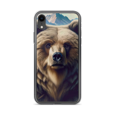 Foto eines Bären vor abstrakt gemalten Alpenbergen, Oberkörper im Fokus - iPhone Schutzhülle (durchsichtig) camping xxx yyy zzz iPhone XR