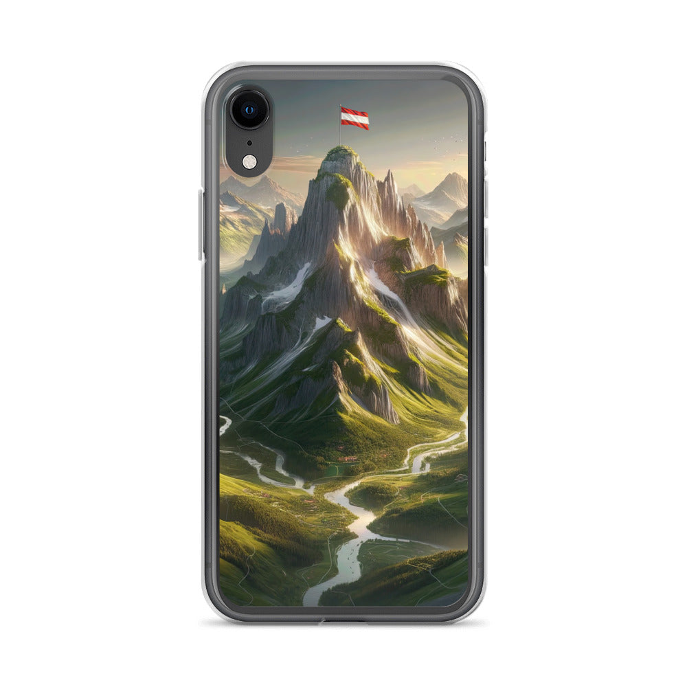 Fotorealistisches Bild der Alpen mit österreichischer Flagge, scharfen Gipfeln und grünen Tälern - iPhone Schutzhülle (durchsichtig) berge xxx yyy zzz iPhone XR