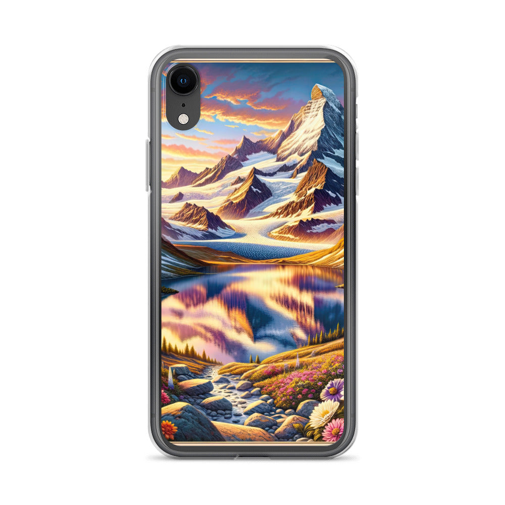 Quadratische Illustration der Alpen mit schneebedeckten Gipfeln und Wildblumen - iPhone Schutzhülle (durchsichtig) berge xxx yyy zzz iPhone XR