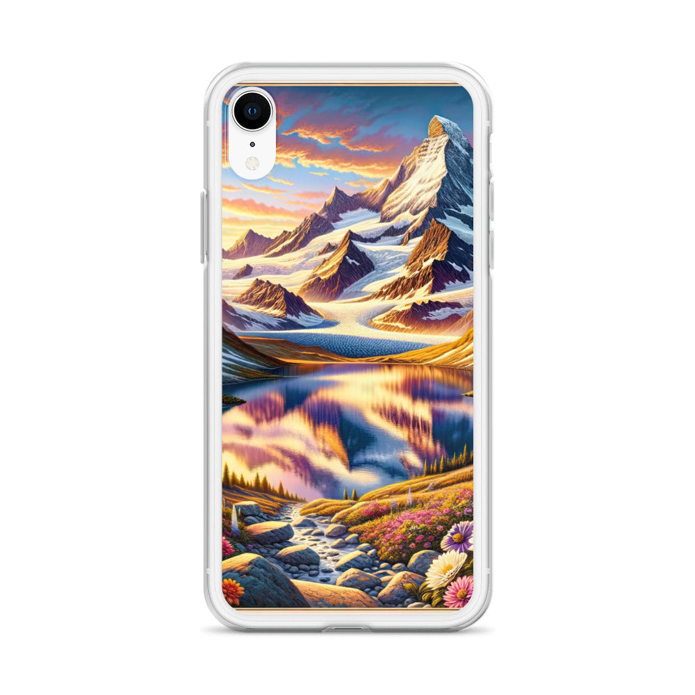 Quadratische Illustration der Alpen mit schneebedeckten Gipfeln und Wildblumen - iPhone Schutzhülle (durchsichtig) berge xxx yyy zzz