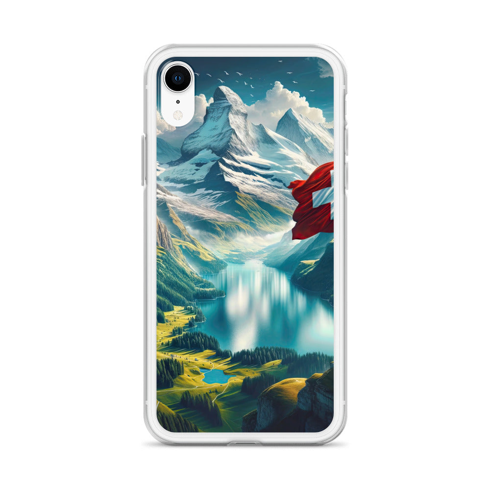 Ultraepische, fotorealistische Darstellung der Schweizer Alpenlandschaft mit Schweizer Flagge - iPhone Schutzhülle (durchsichtig) berge xxx yyy zzz