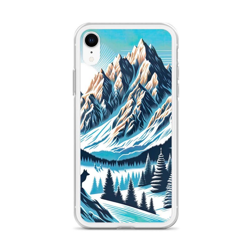 Vektorgrafik eines Wolfes im winterlichen Alpenmorgen, Berge mit Schnee- und Felsmustern - iPhone Schutzhülle (durchsichtig) berge xxx yyy zzz