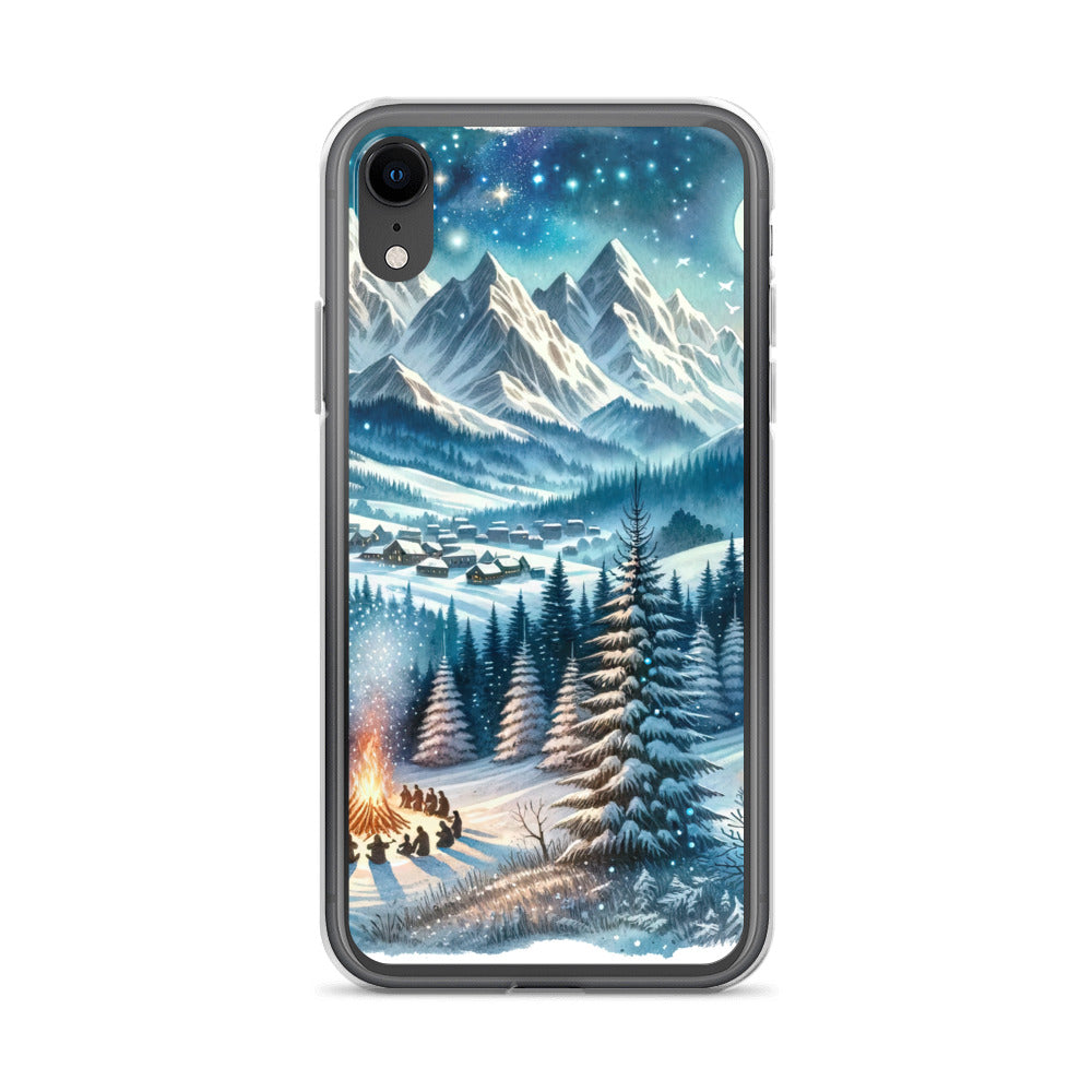 Aquarell eines Winterabends in den Alpen mit Lagerfeuer und Wanderern, glitzernder Neuschnee - iPhone Schutzhülle (durchsichtig) camping xxx yyy zzz iPhone XR