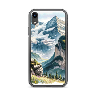 Aquarell-Panoramablick der Alpen mit schneebedeckten Gipfeln, Wasserfällen und Wanderern - iPhone Schutzhülle (durchsichtig) wandern xxx yyy zzz iPhone XR