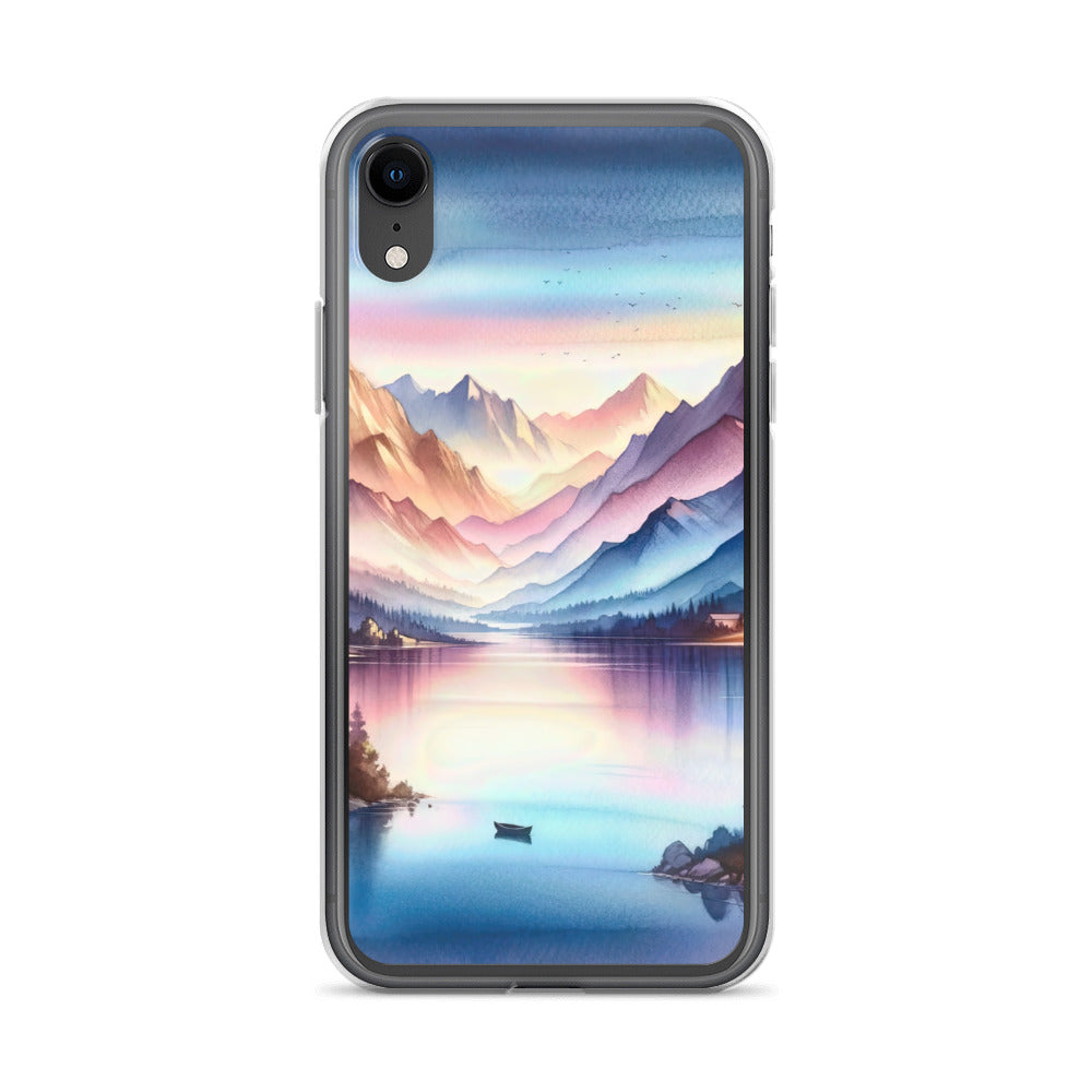 Aquarell einer Dämmerung in den Alpen, Boot auf einem See in Pastell-Licht - iPhone Schutzhülle (durchsichtig) berge xxx yyy zzz iPhone XR