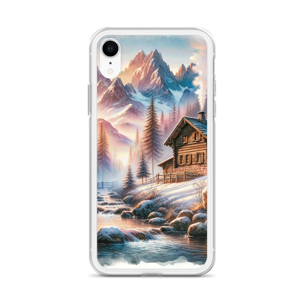 Aquarell einer Alpenszene im Morgengrauen, Haus in den Bergen - iPhone Schutzhülle (durchsichtig) berge xxx yyy zzz