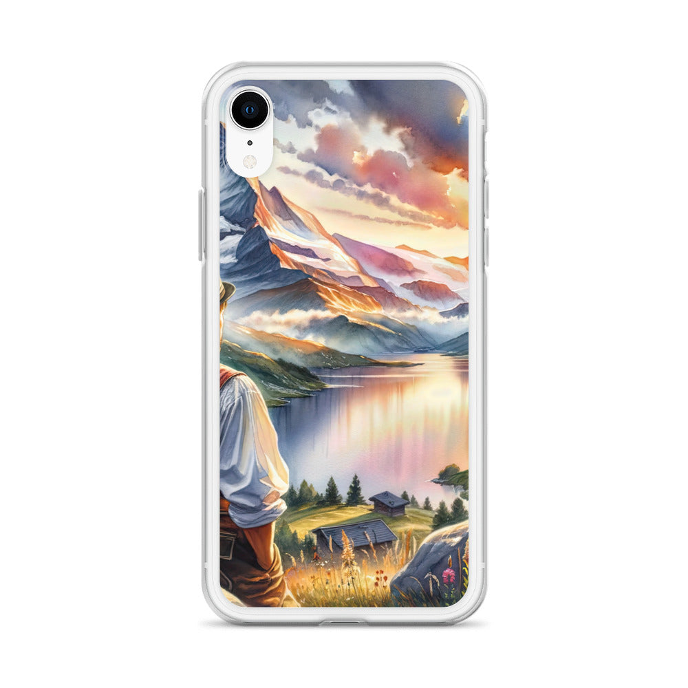 Aquarell einer Berglandschaft in der goldenen Stunde mit österreichischem Wanderer - iPhone Schutzhülle (durchsichtig) wandern xxx yyy zzz