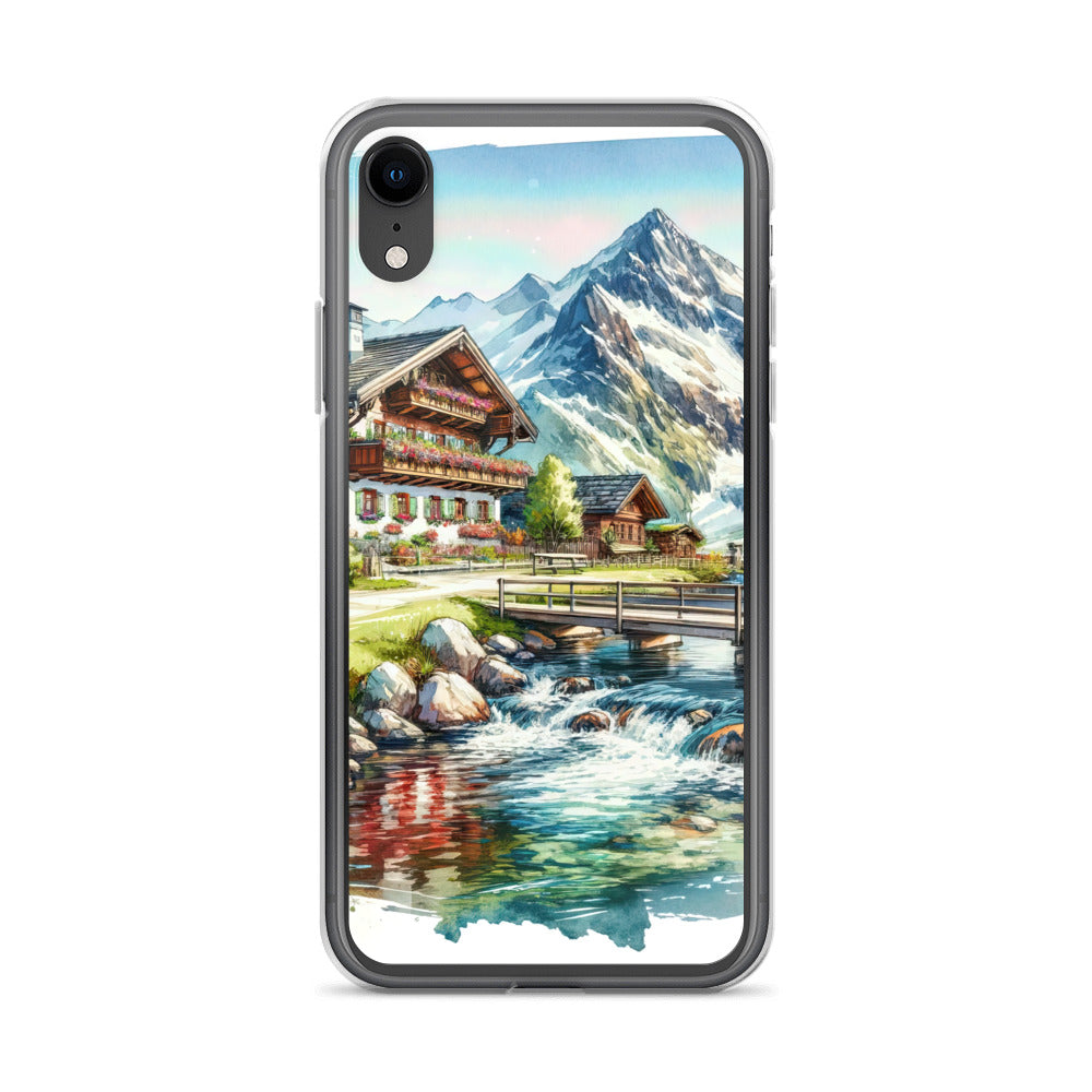 Aquarell der frühlingshaften Alpenkette mit österreichischer Flagge und schmelzendem Schnee - iPhone Schutzhülle (durchsichtig) berge xxx yyy zzz iPhone XR