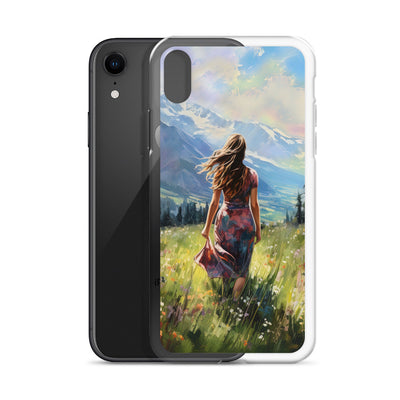 Frau mit langen Kleid im Feld mit Blumen - Berge im Hintergrund - Malerei - iPhone Schutzhülle (durchsichtig) berge xxx