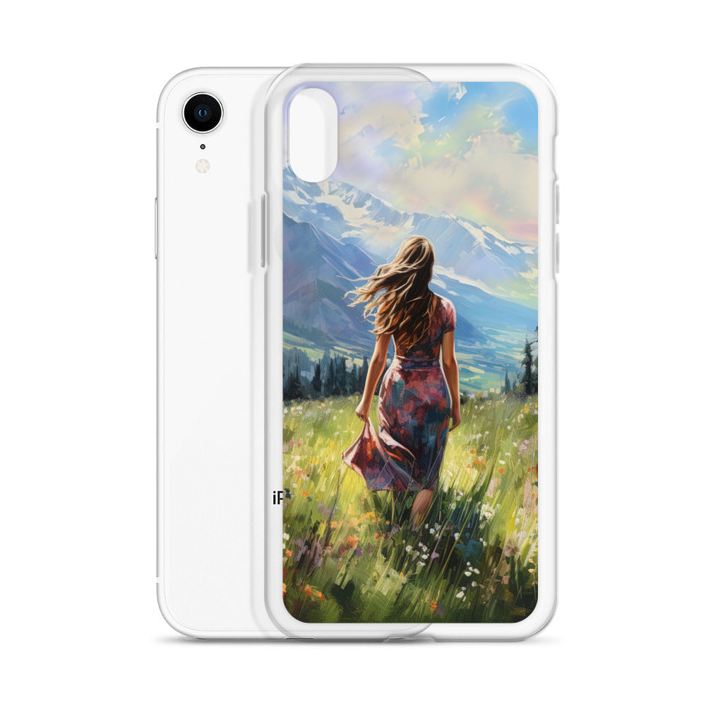 Frau mit langen Kleid im Feld mit Blumen - Berge im Hintergrund - Malerei - iPhone Schutzhülle (durchsichtig) berge xxx