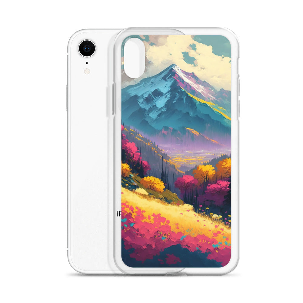 Berge, pinke und gelbe Bäume, sowie Blumen - Farbige Malerei - iPhone Schutzhülle (durchsichtig) berge xxx