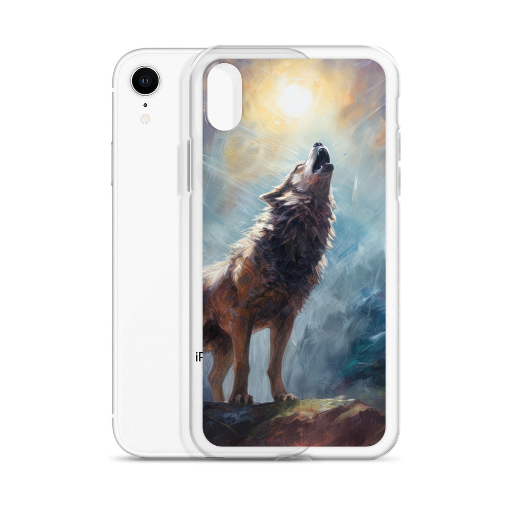 Heulender Wolf auf Berggipfel und Mond im Hintergrund – Abstrakte Malerei - iPhone Schutzhülle (durchsichtig) camping xxx