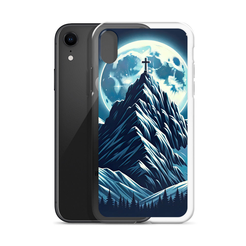 Mondnacht und Gipfelkreuz in den Alpen, glitzernde Schneegipfel - iPhone Schutzhülle (durchsichtig) berge xxx yyy zzz