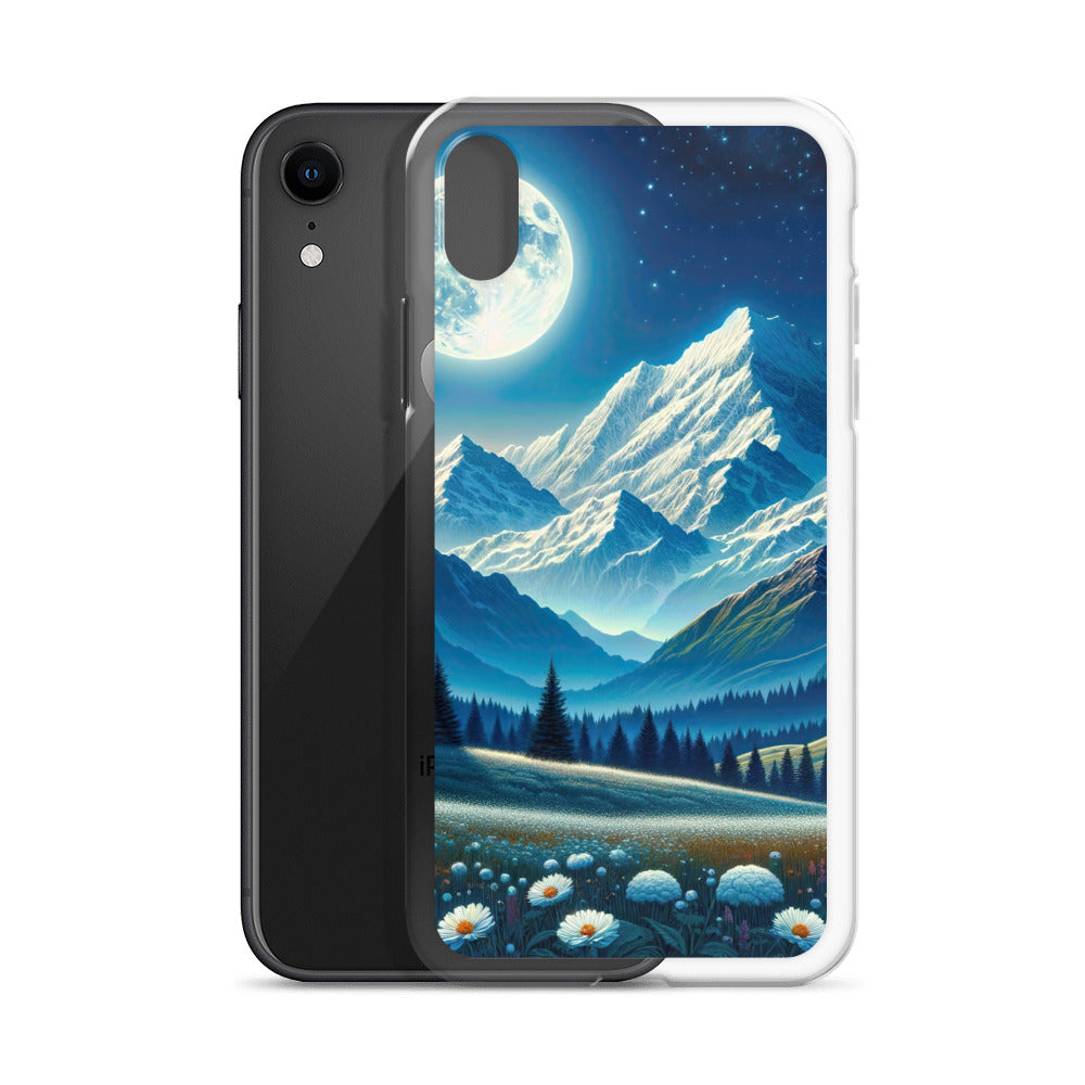 Klare frühlingshafte Alpennacht mit Blumen und Vollmond über Schneegipfeln - iPhone Schutzhülle (durchsichtig) berge xxx yyy zzz