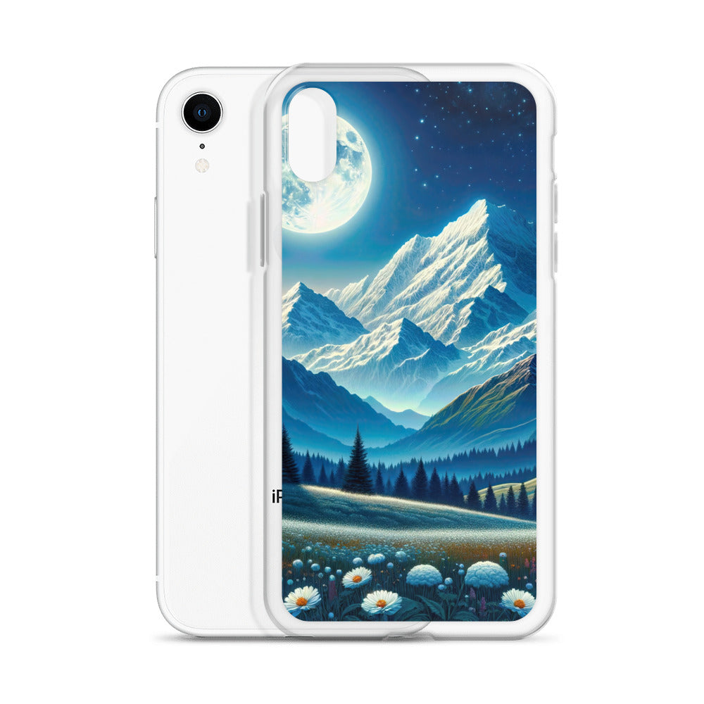 Klare frühlingshafte Alpennacht mit Blumen und Vollmond über Schneegipfeln - iPhone Schutzhülle (durchsichtig) berge xxx yyy zzz