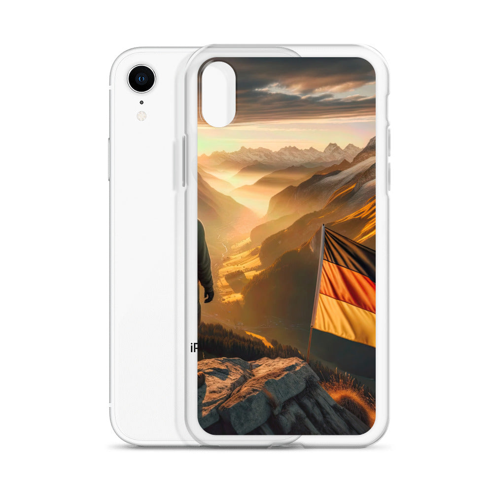 Foto der Alpen bei Sonnenuntergang mit deutscher Flagge und Wanderer, goldenes Licht auf Schneegipfeln - iPhone Schutzhülle (durchsichtig) berge xxx yyy zzz