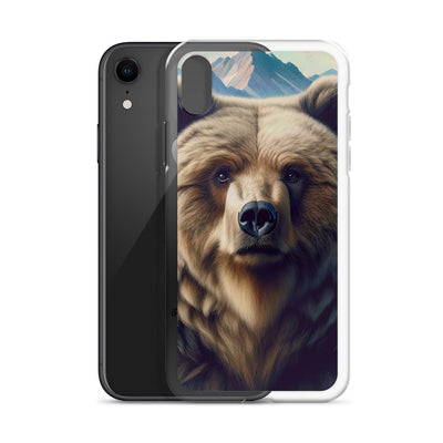 Foto eines Bären vor abstrakt gemalten Alpenbergen, Oberkörper im Fokus - iPhone Schutzhülle (durchsichtig) camping xxx yyy zzz