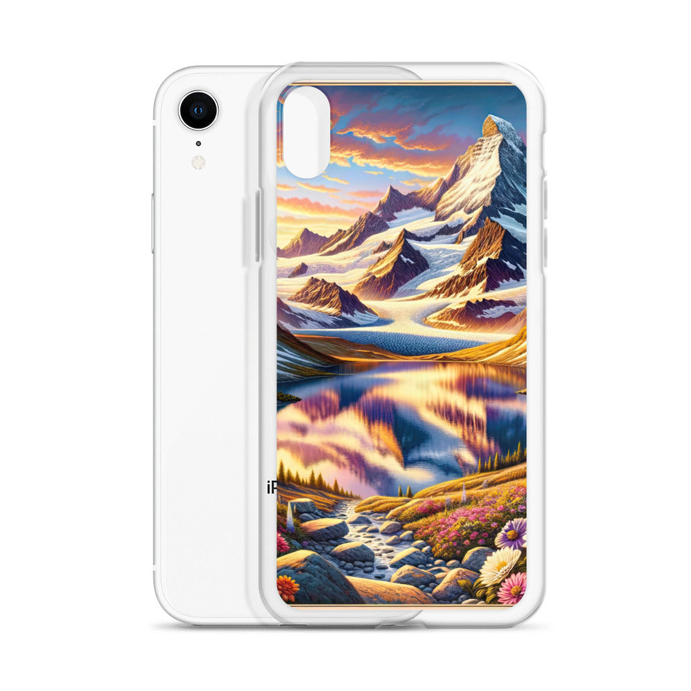 Quadratische Illustration der Alpen mit schneebedeckten Gipfeln und Wildblumen - iPhone Schutzhülle (durchsichtig) berge xxx yyy zzz