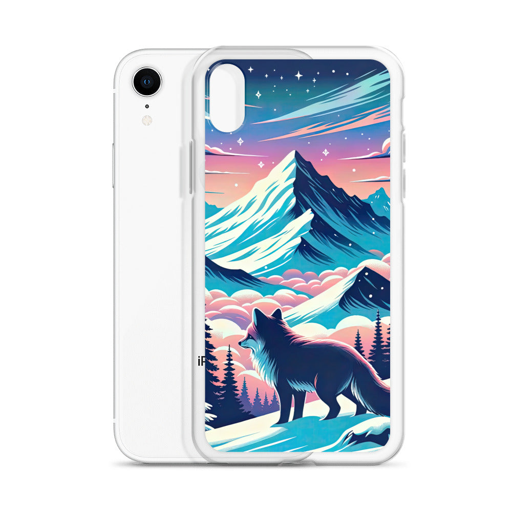 Vektorgrafik eines alpinen Winterwunderlandes mit schneebedeckten Kiefern und einem Fuchs - iPhone Schutzhülle (durchsichtig) camping xxx yyy zzz