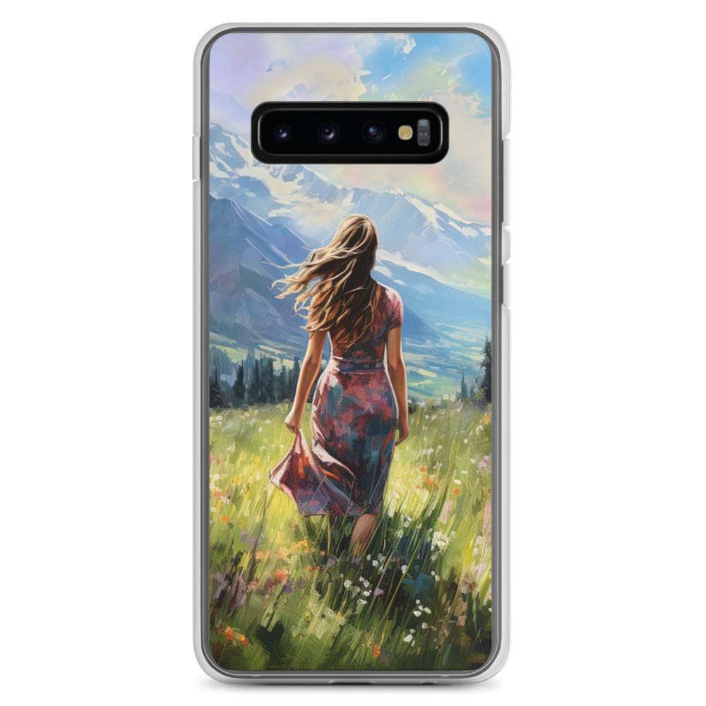 Frau mit langen Kleid im Feld mit Blumen - Berge im Hintergrund - Malerei - Samsung Schutzhülle (durchsichtig) berge xxx Samsung Galaxy S10+