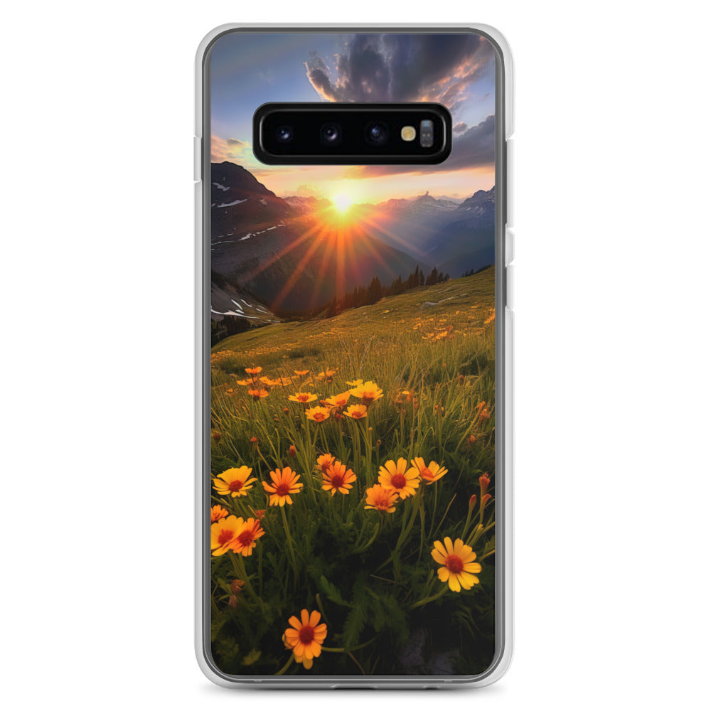 Gebirge, Sonnenblumen und Sonnenaufgang - Samsung Schutzhülle (durchsichtig) berge xxx Samsung Galaxy S10+