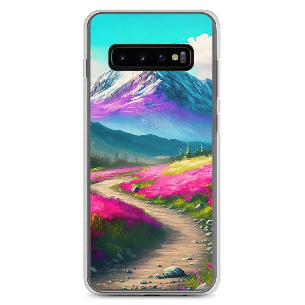 Berg, pinke Blumen und Wanderweg - Landschaftsmalerei - Samsung Schutzhülle (durchsichtig) berge xxx Samsung Galaxy S10+