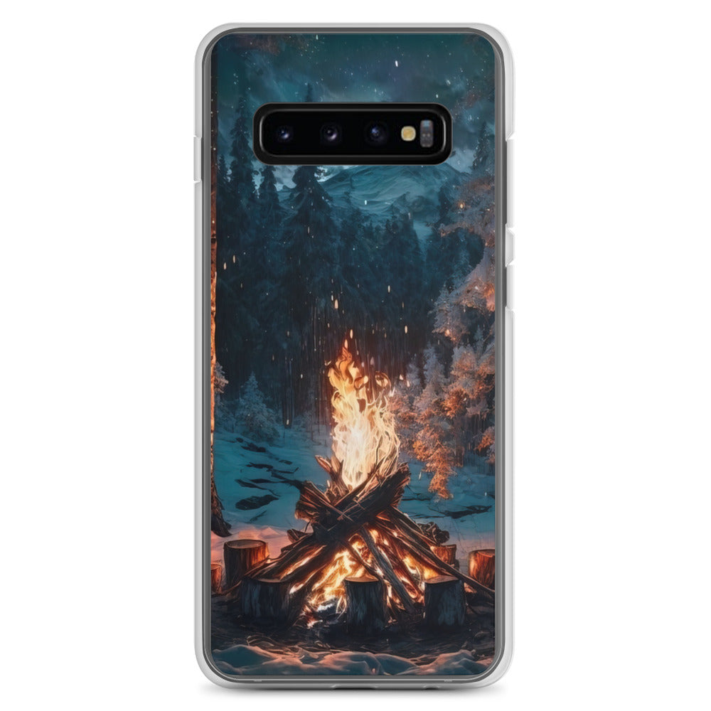 Lagerfeuer beim Camping - Wald mit Schneebedeckten Bäumen - Malerei - Samsung Schutzhülle (durchsichtig) camping xxx Samsung Galaxy S10+