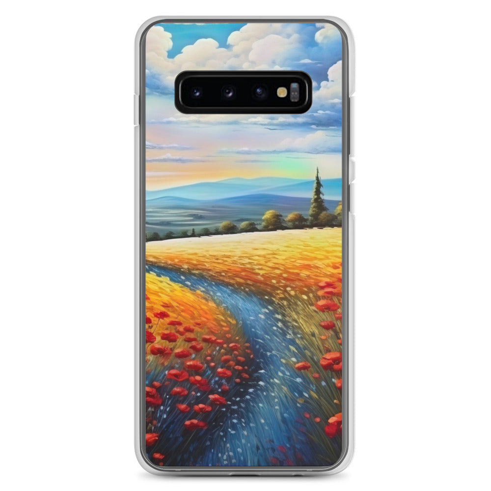 Feld mit roten Blumen und Berglandschaft - Landschaftsmalerei - Samsung Schutzhülle (durchsichtig) berge xxx Samsung Galaxy S10+