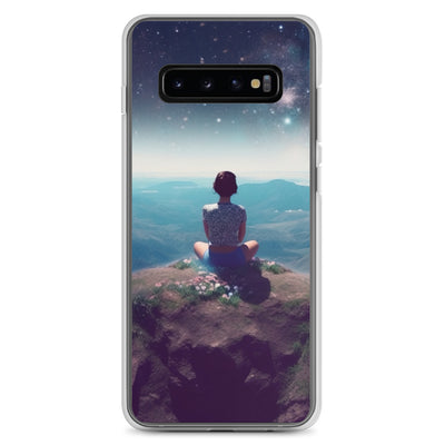 Frau sitzt auf Berg – Cosmos und Sterne im Hintergrund - Landschaftsmalerei - Samsung Schutzhülle (durchsichtig) berge xxx Samsung Galaxy S10+
